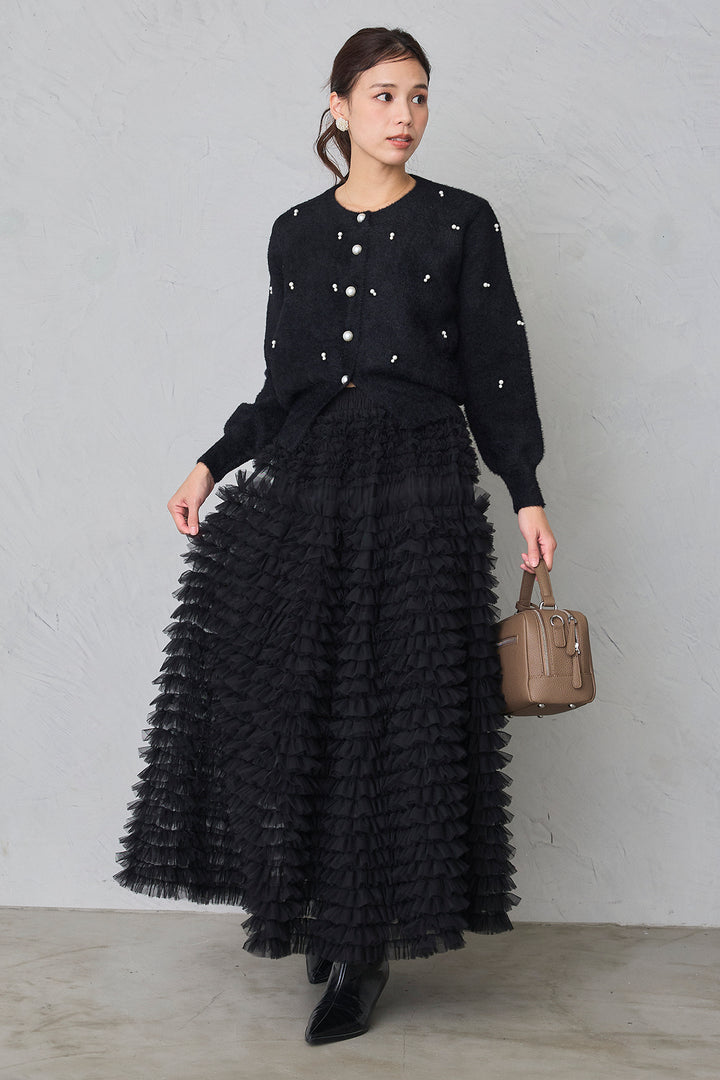 [予約/SET]ミックスパールシャギーコーディガン+ホイップチュールティアードスカート(2set)