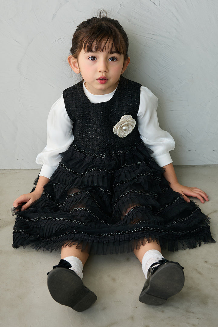 [予約/親子SET][kids]ティアードプリーツパールワンピセット+ツイード×チュールレイヤードクロップドジャケット+ホイップチュールティアードスカート(3set)