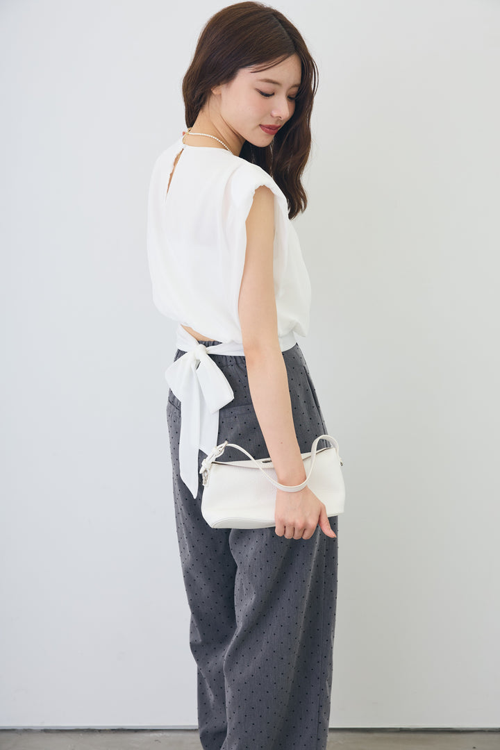 [予約/SET]バックリボンモードショルダーシフォンブラウス+ドットツイルタックワイドパンツ(2set)