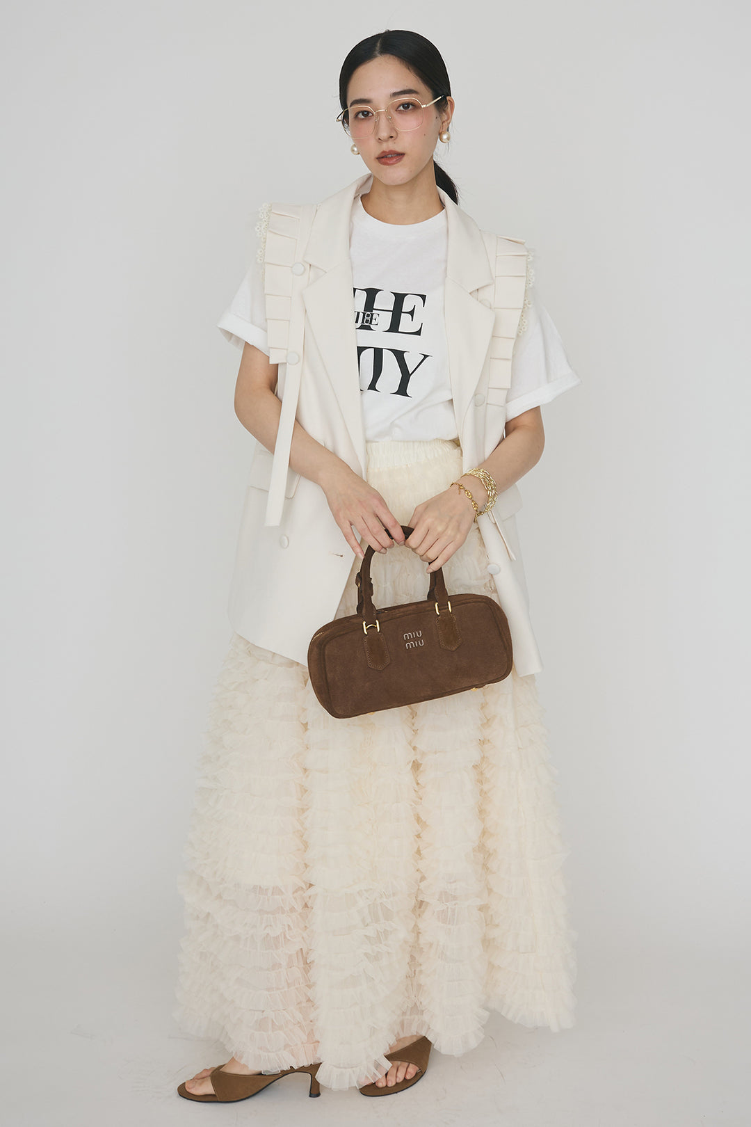 [予約/SET]フリルショルダーテーラーマニッシュベスト+ホイップチュールティアードスカート(2set)