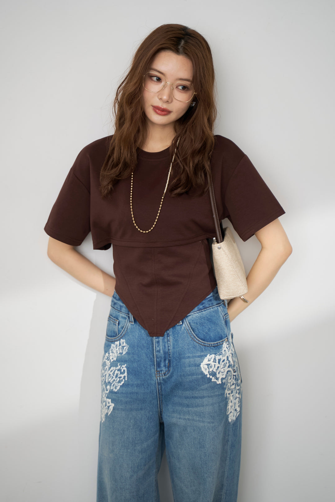 [予約/SET]バックレースアップTシャツ+レースプリントデザインデニムパンツ(2set)