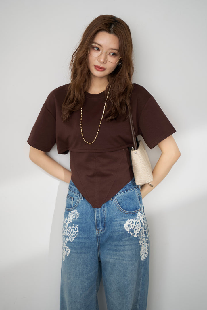 [予約/SET]バックレースアップTシャツ+レースプリントデザインデニムパンツ(2set)