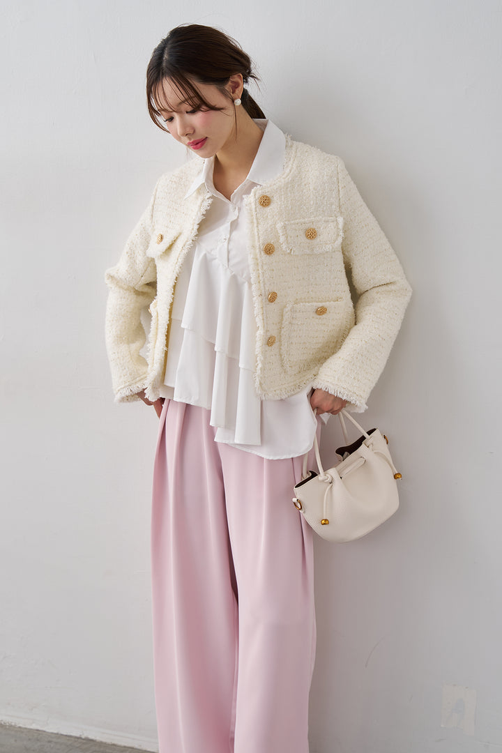 [予約/SET]アシメフリルティアードシャツ+フリンジツイードゴールドボタンジャケット+エステルツイルタックワイドカラーパンツ(3set)