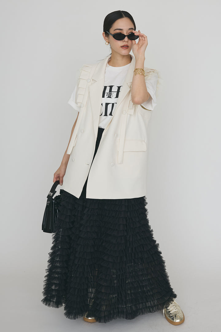 [予約/SET]ThecityロゴTシャツ+フリルショルダーテーラーマニッシュベスト+ホイップチュールティアードスカート(3set)