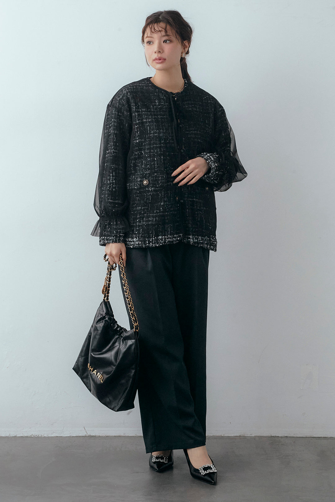 [予約/SET]2wayチュールレイヤードツイードジャケット+スプリングカラータックストレートパンツ(2set)