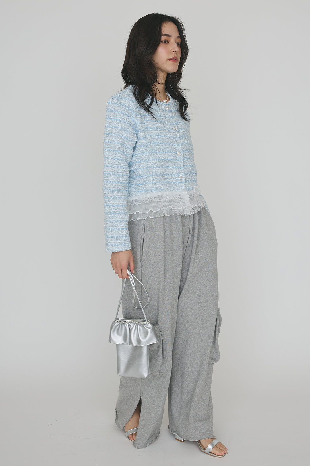 [予約/SET]プリーツフリルヘムライトツイードジャケット+ライトスウェットサイドリボンパンツ(2set)