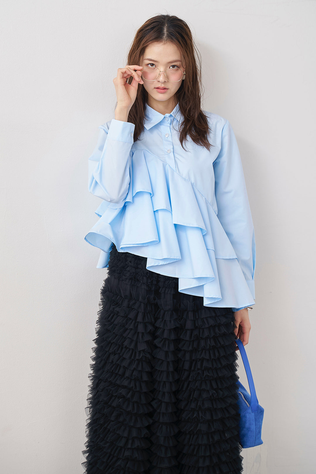 [予約/SET]アシメフリルティアードシャツ+ホイップチュールティアードスカート(2set)