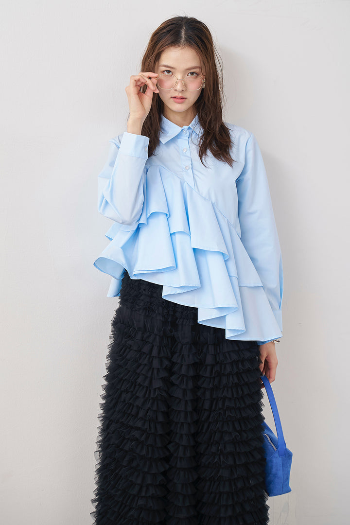 [予約/SET]アシメフリルティアードシャツ+ホイップチュールティアードスカート(2set)