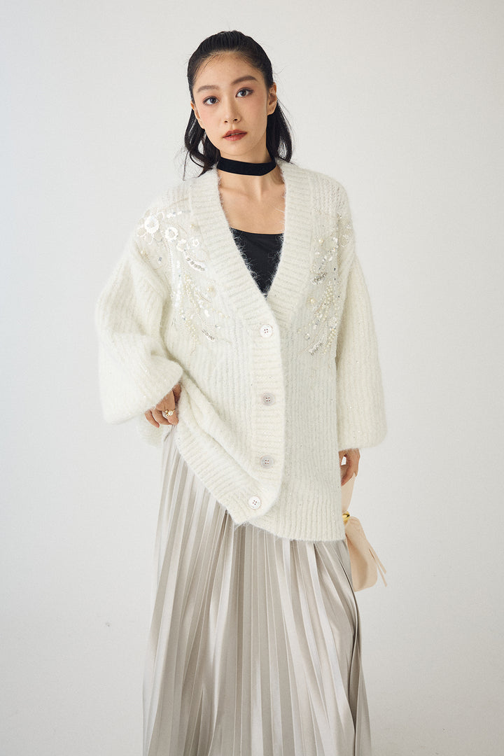 [予約/SET]ビーズフラワースパンコールシャイニーニットカーデ+シャイニープリーツサテンスカート(2set)