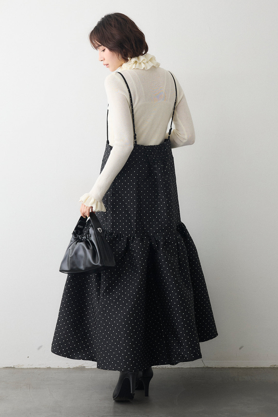 [予約/SET]ダブルフリルカラーニットプルオーバー+ドットジャガードギャザーフレアスカート(2set)