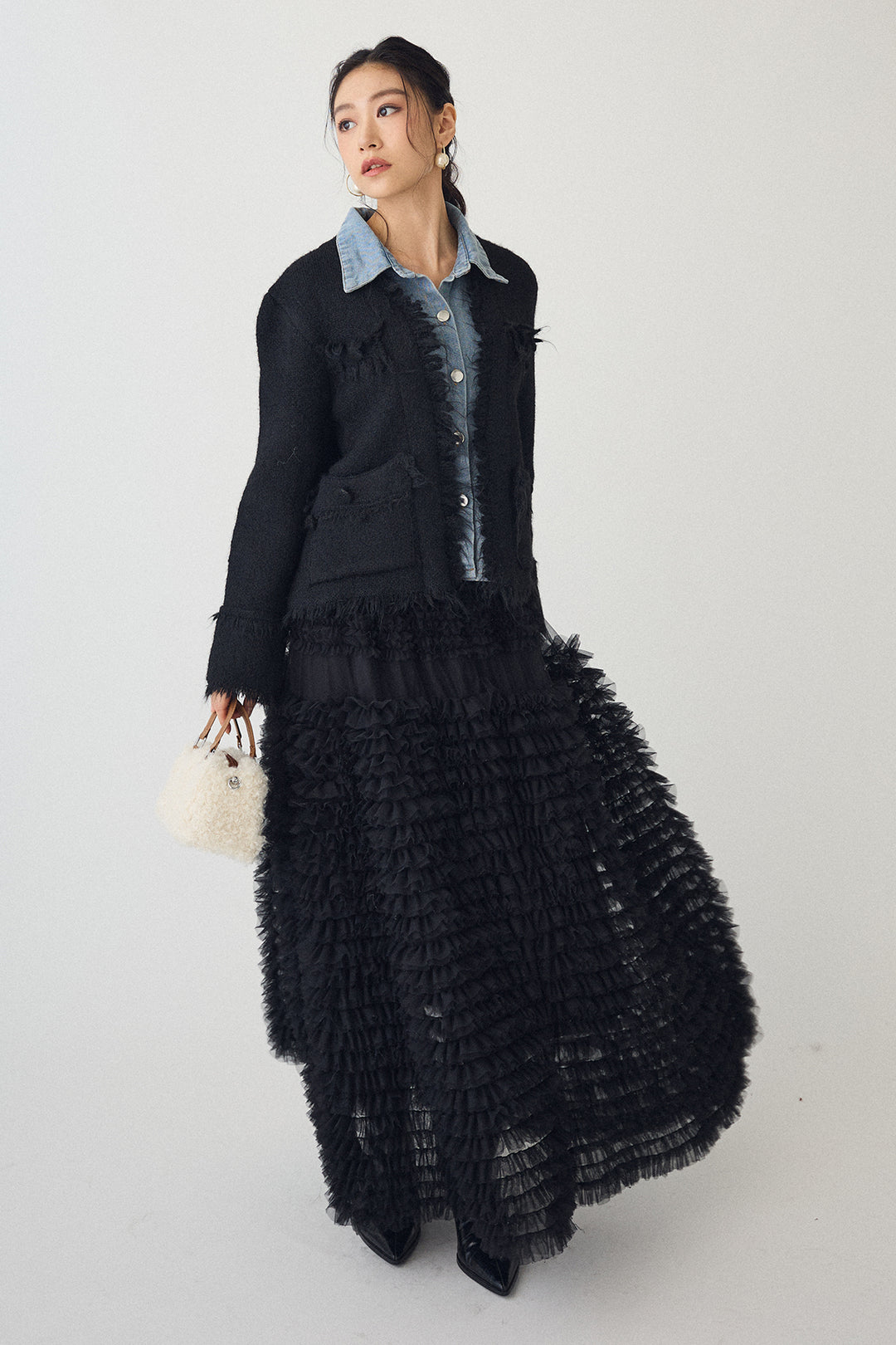 [予約/SET]デニムシャツドッキングツイードカーデ+ホイップチュールティアードスカート(2set)
