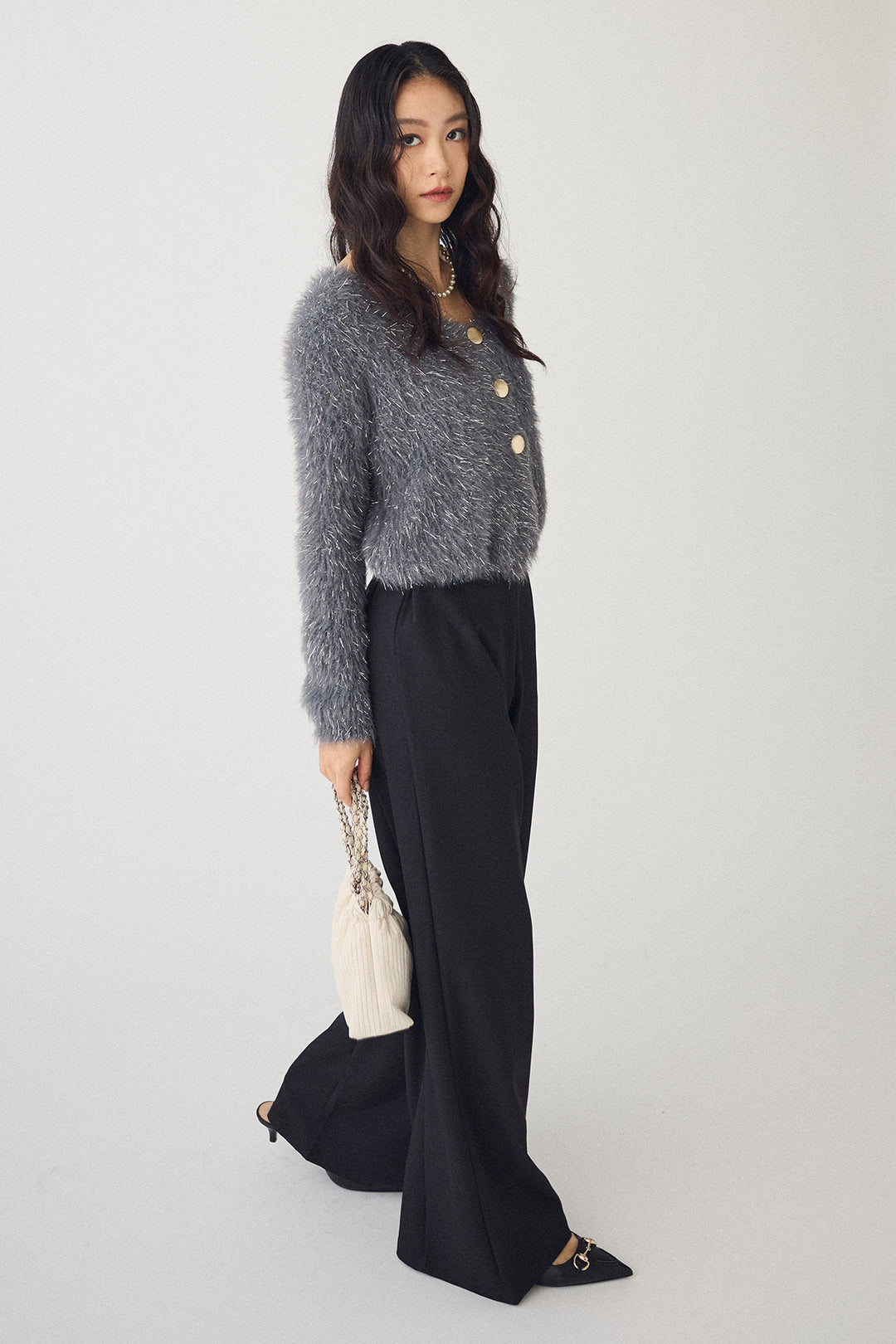 [予約/SET]ゴールドボタンラメシャギーニット+バックリボンストレートパンツ(2set)