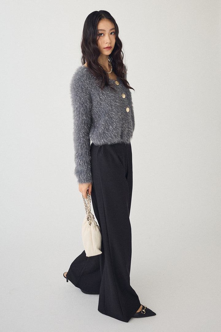 [予約/SET]ゴールドボタンラメシャギーニット+バックリボンストレートパンツ(2set)