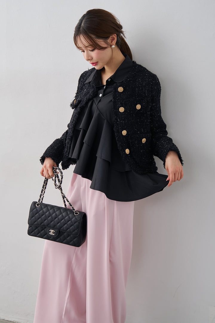 [予約/SET]フリンジツイードゴールドボタンジャケット+エステルツイルタックワイドカラーパンツ(2set)