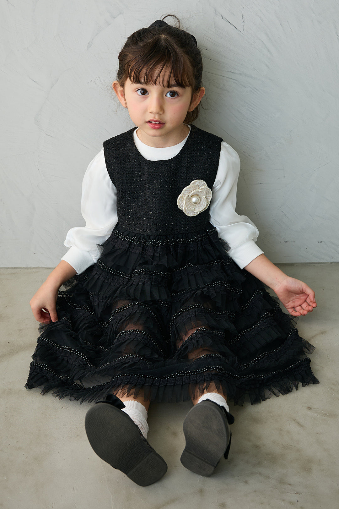 [予約/親子SET][kids]ティアードプリーツパールワンピセット+ツイード×チュールレイヤードクロップドジャケット+ホイップチュールティアードスカート(3set)