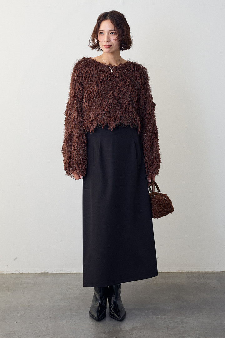 [予約/SET]フリンジラメシャギーニットプルオーバー+バックリボンセミフレアスカート(2set)