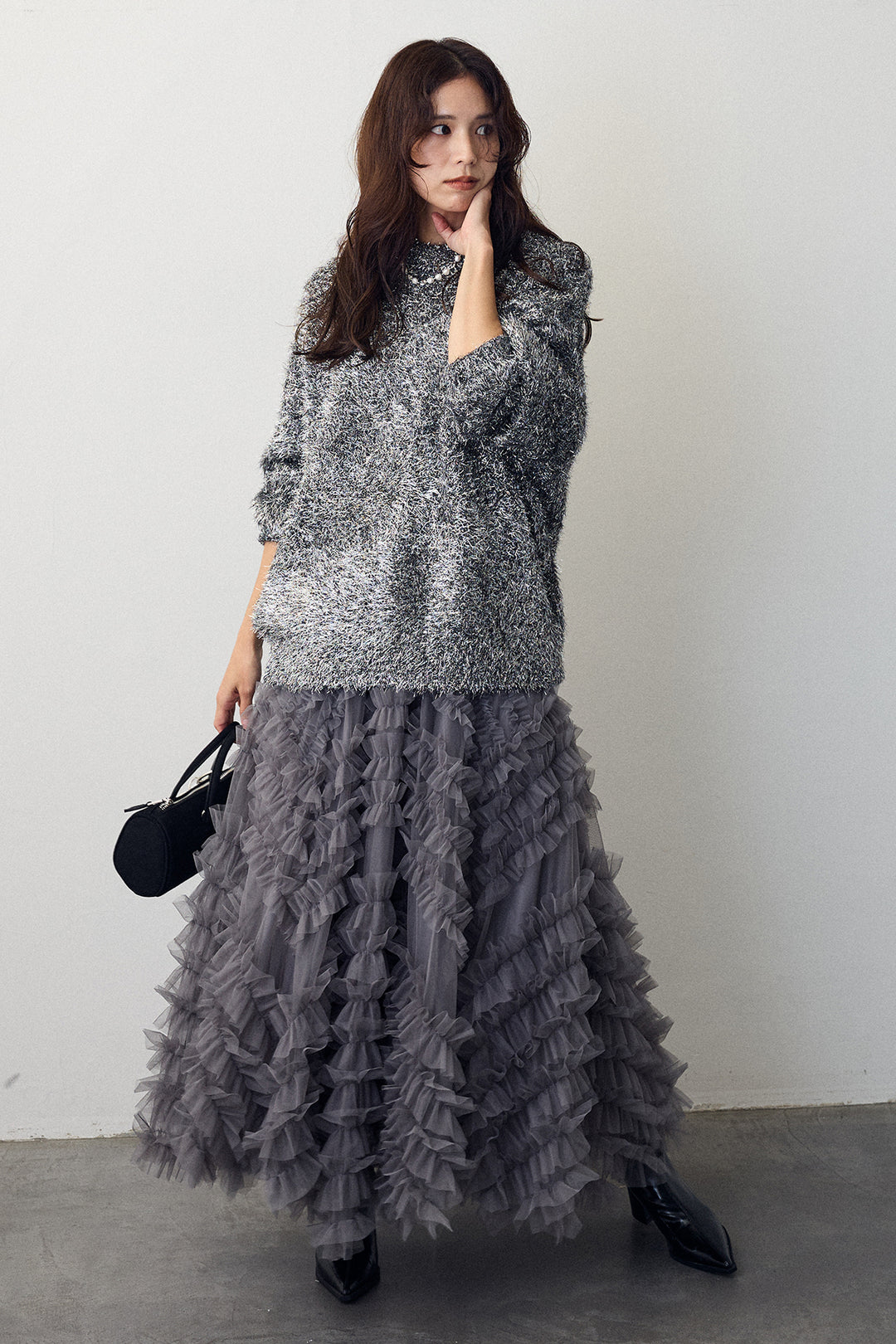 [予約/SET]グリッターラメニット+スフレアシメチュールスカート(2set)