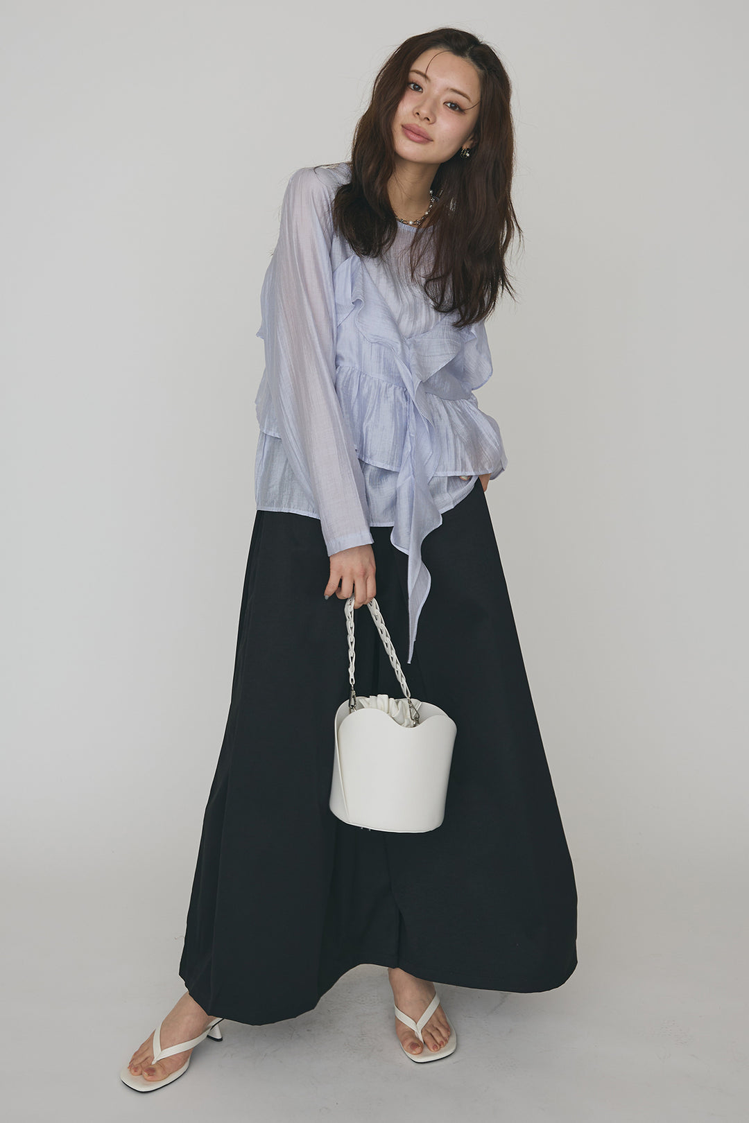 [予約/SET]ドレープフリルシアーレーヤードトップス+フロントサイドタックワイドパンツ(2set)