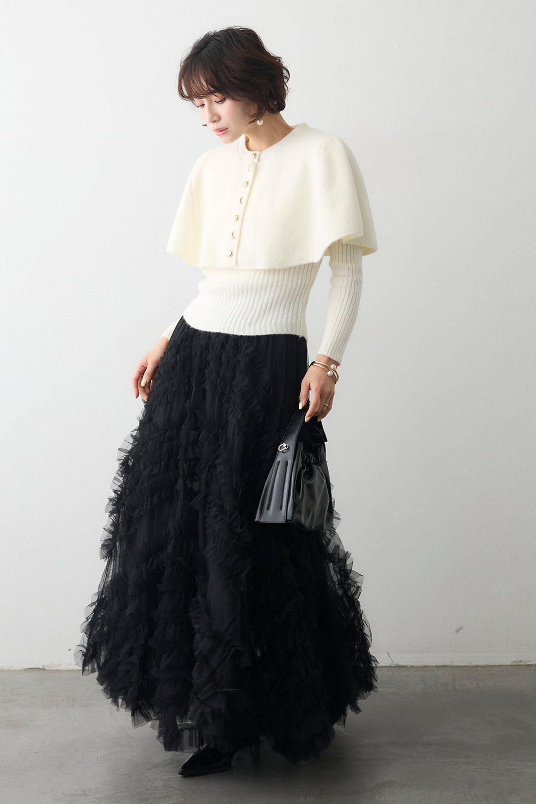 [予約/SET]ミックス釦ケープ2wayニット+スフレアシメチュールスカート(2set)