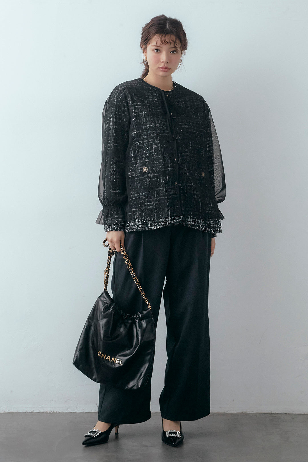 [予約/SET]2wayチュールレイヤードツイードジャケット+スプリングカラータックストレートパンツ(2set)