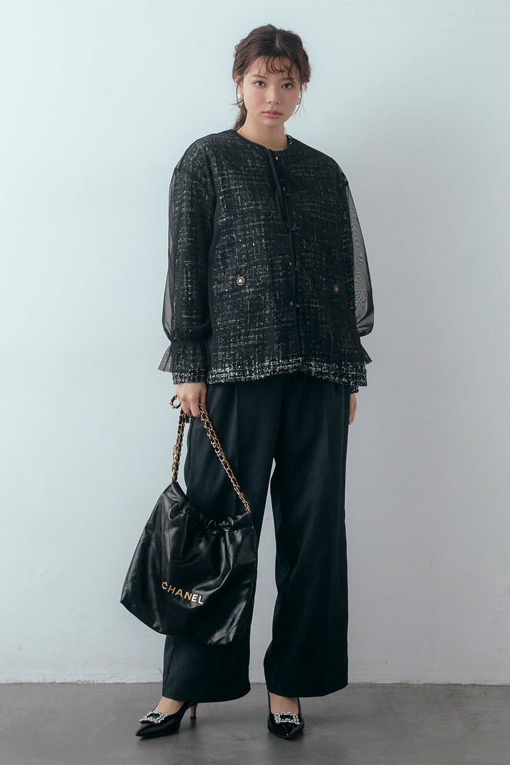 [予約/SET]2wayチュールレイヤードツイードジャケット+スプリングカラータックストレートパンツ(2set)