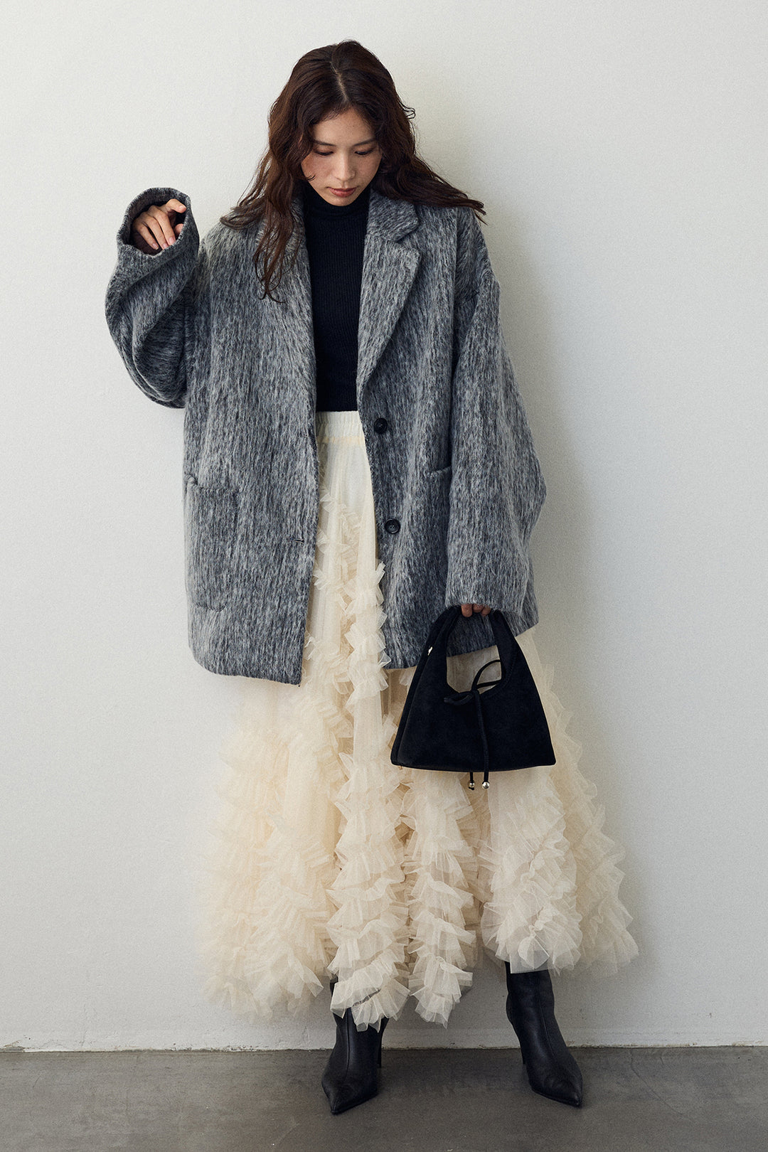 [予約/SET]シャギーミドル丈コート+スフレアシメチュールスカート(2set)