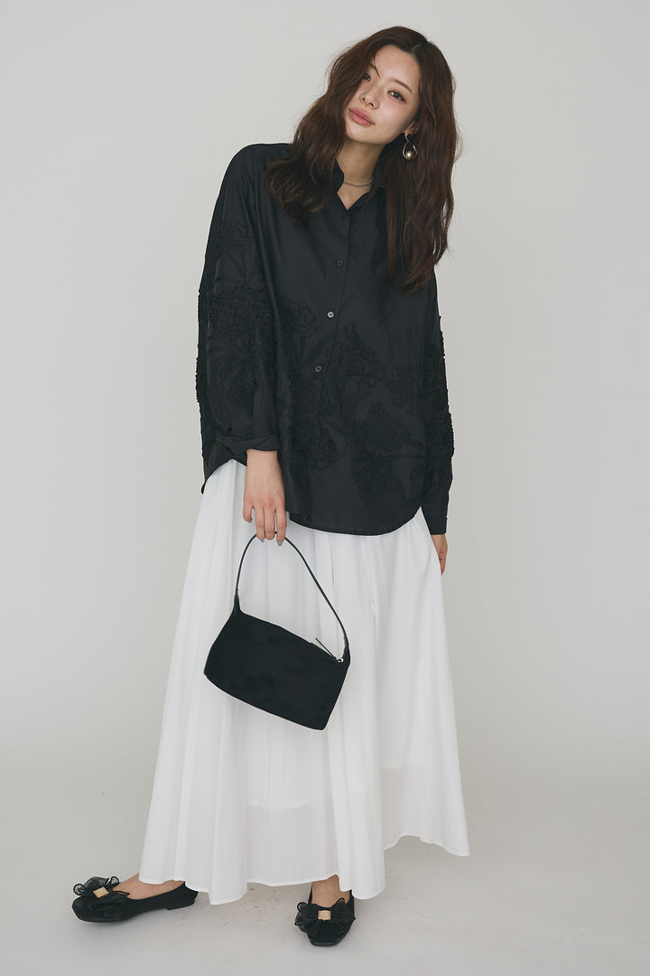 [予約/SET]フラワー刺繍モチーフオーバーシャツ+ギャザーフレア綿タッチスカート(2set)