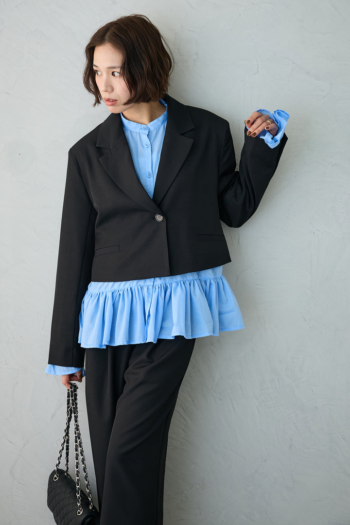 [予約/SET]フリルヘムスリーブブラウス+クロップドマニッシュシンプルジャケット+ツイルシンプルストレートパンツ(3set)