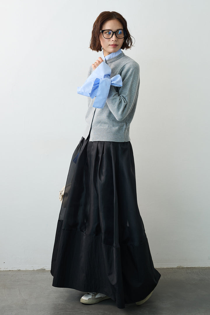 [予約/SET]BIGリボンカフスデザインニットドッキングカーデ+オーガンジー×タフタコクーンスカート(2set)