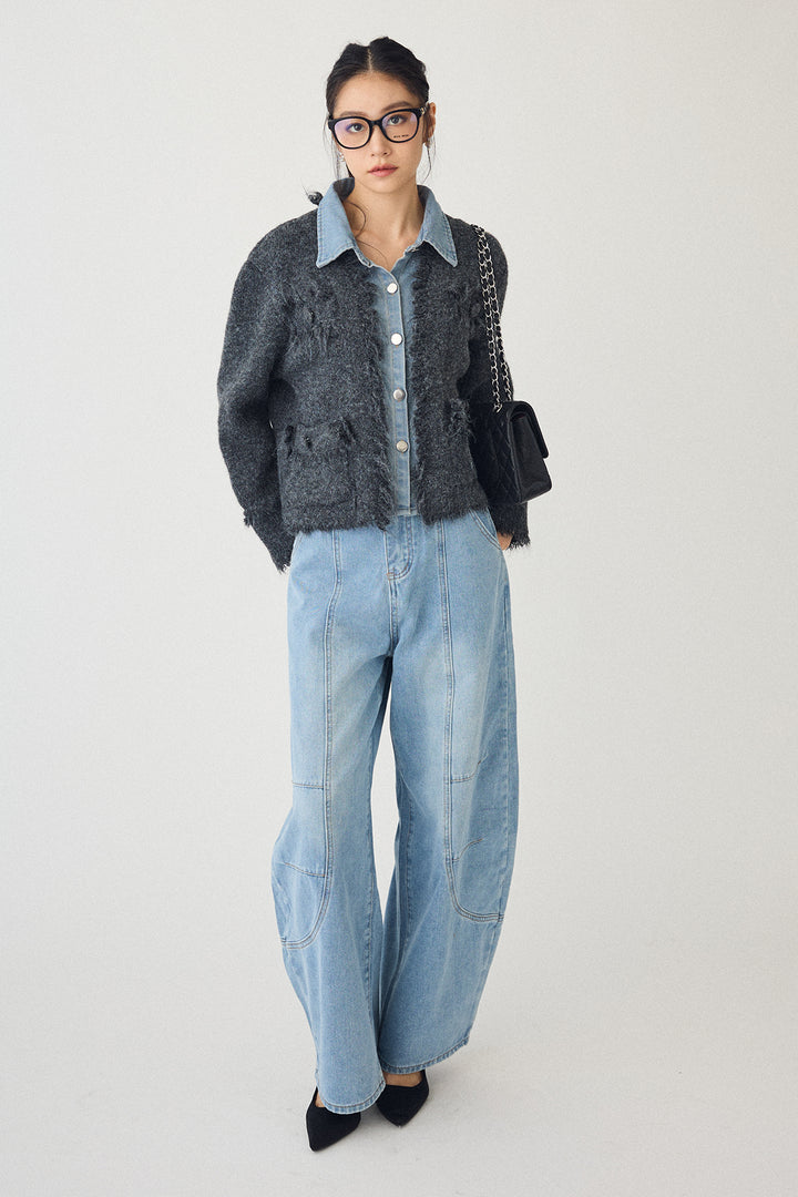 [予約/SET]デニムシャツドッキングツイードカーデ+ステッチ美ラインカーブデニムパンツ(2set)