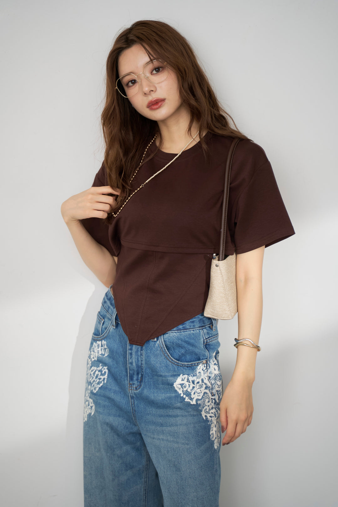 [予約/SET]バックレースアップTシャツ+レースプリントデザインデニムパンツ(2set)