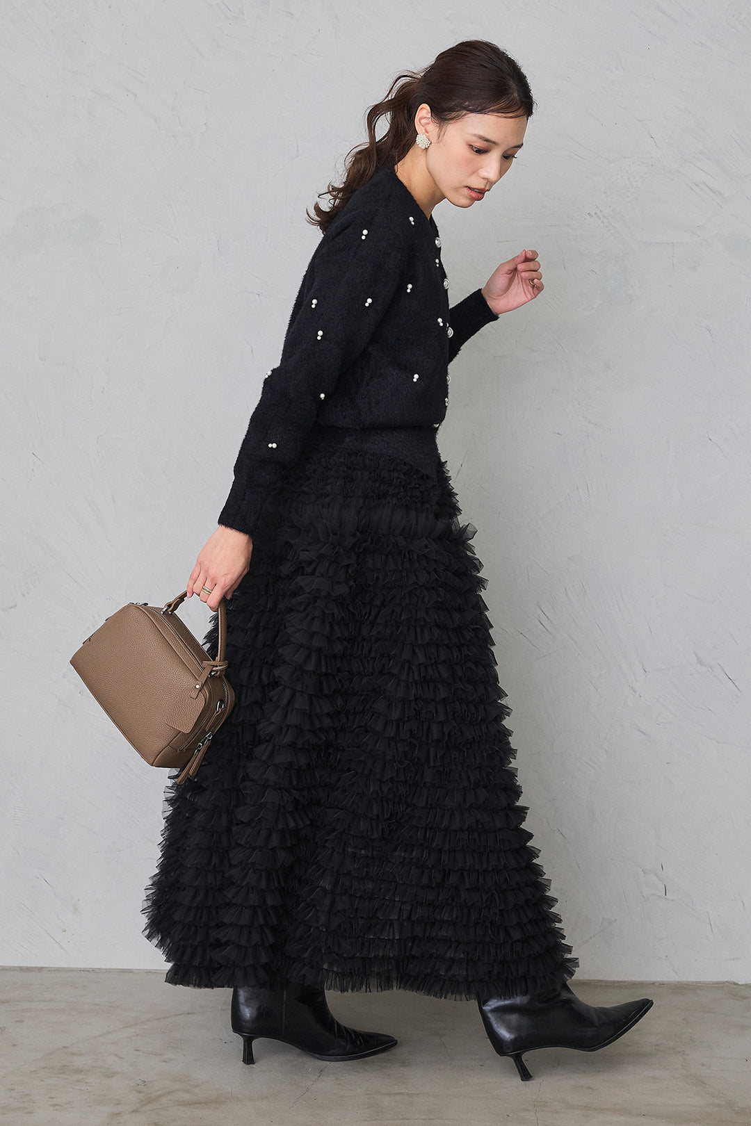 [予約/SET]ミックスパールシャギーコーディガン+ホイップチュールティアードスカート(2set)