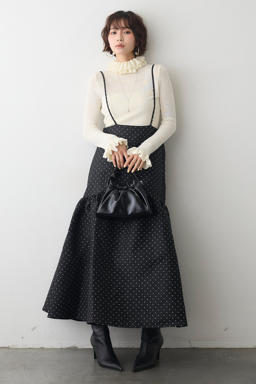 [予約/SET]ダブルフリルカラーニットプルオーバー+ドットジャガードギャザーフレアスカート(2set)