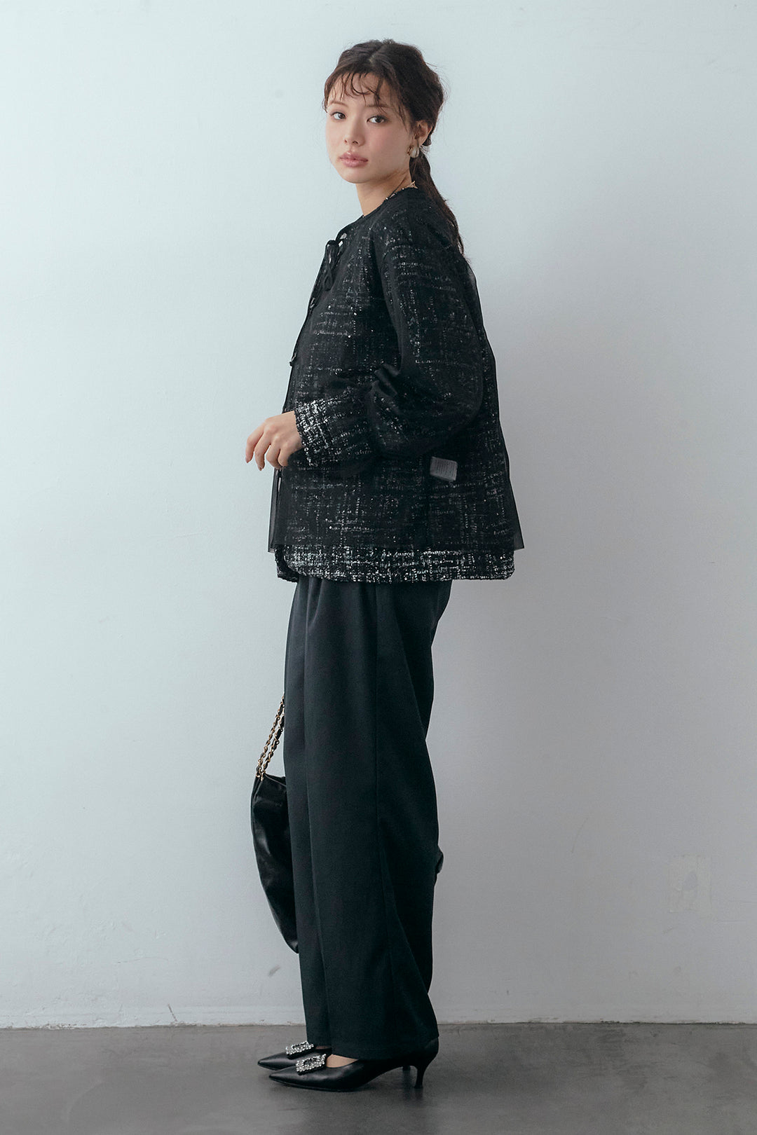 [予約/SET]2wayチュールレイヤードツイードジャケット+スプリングカラータックストレートパンツ(2set)