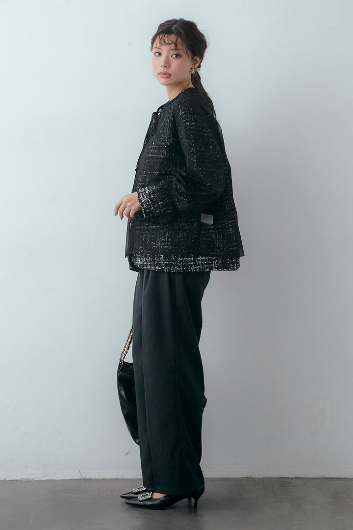 [予約/SET]2wayチュールレイヤードツイードジャケット+スプリングカラータックストレートパンツ(2set)