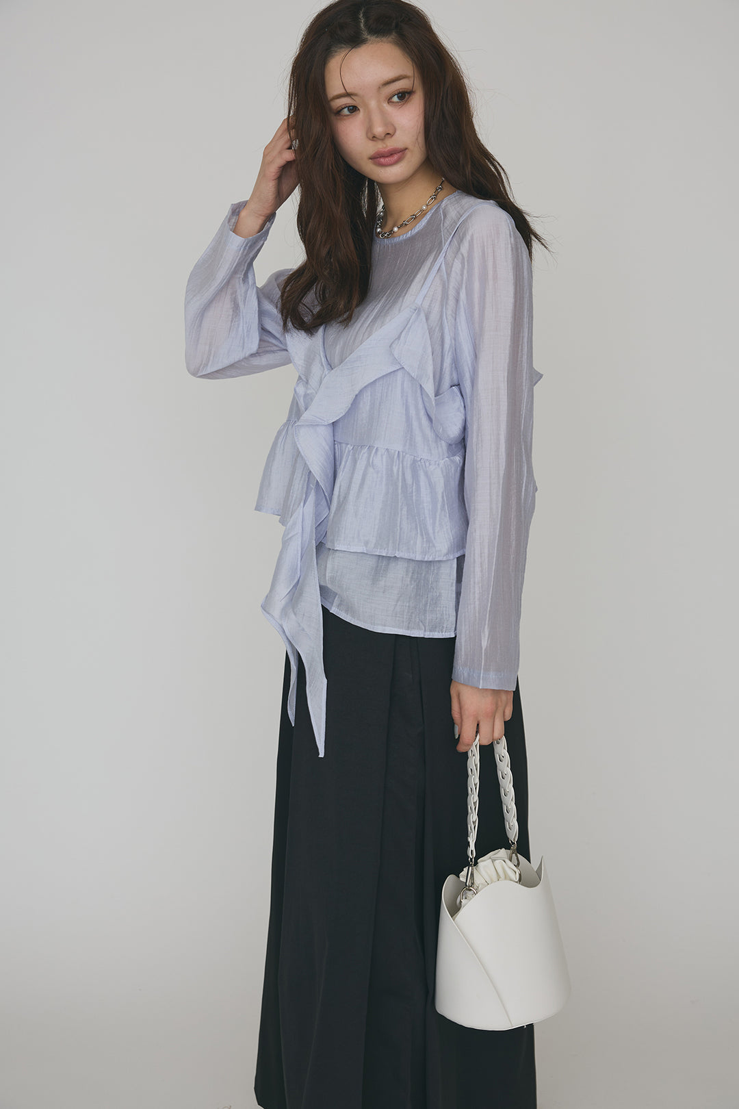 [予約/SET]ドレープフリルシアーレーヤードトップス+フロントサイドタックワイドパンツ(2set)