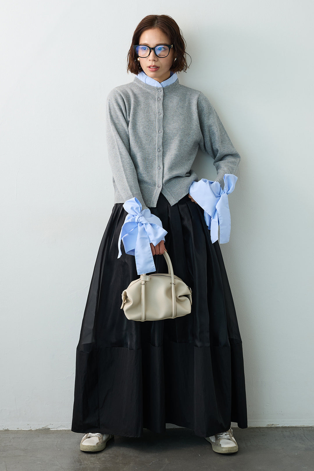 [予約/SET]BIGリボンカフスデザインニットドッキングカーデ+オーガンジー×タフタコクーンスカート(2set)