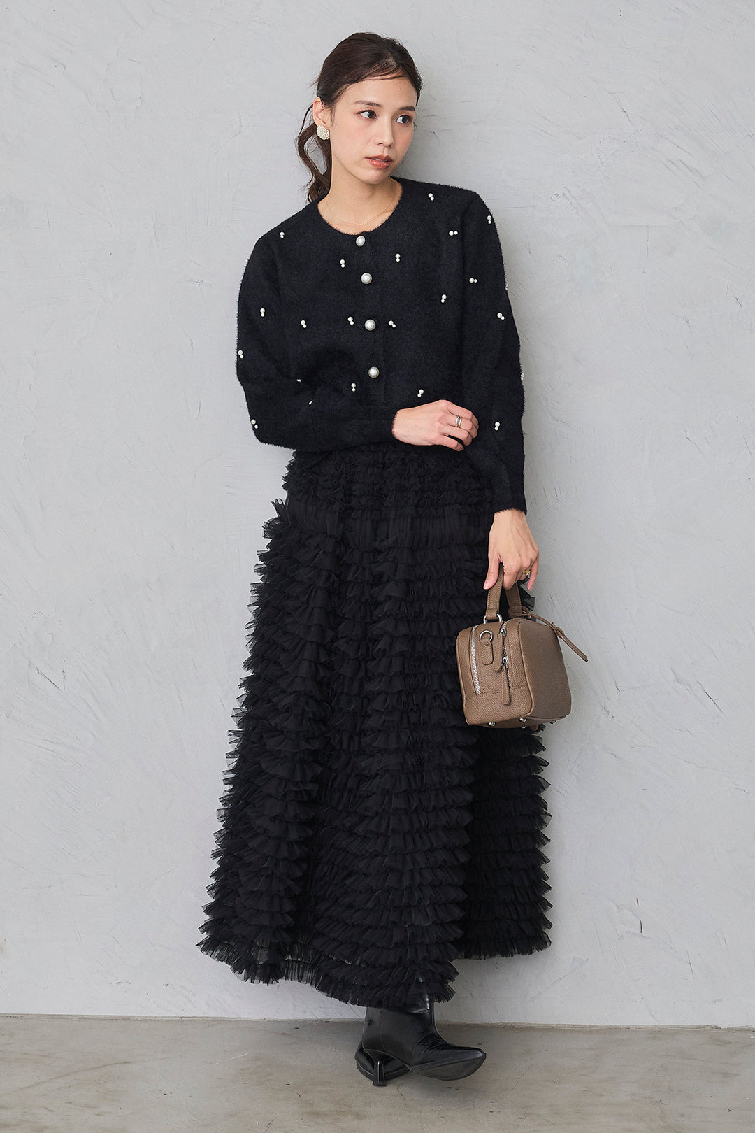 [予約/SET]ミックスパールシャギーコーディガン+ホイップチュールティアードスカート(2set)