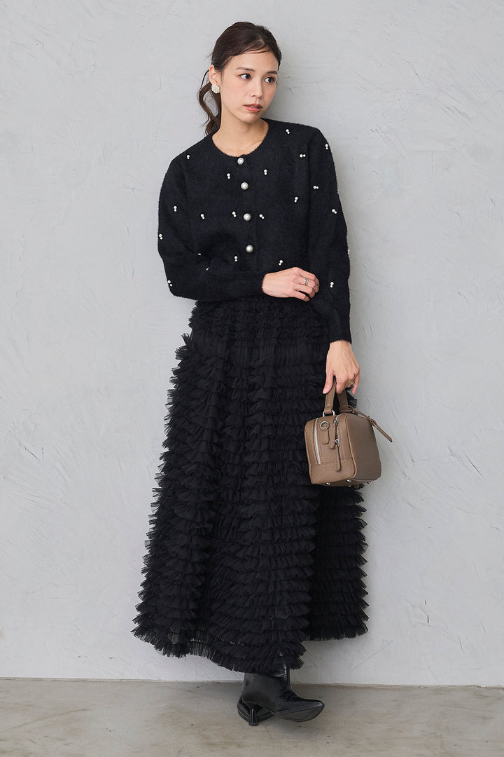 [予約/SET]ミックスパールシャギーコーディガン+ホイップチュールティアードスカート(2set)
