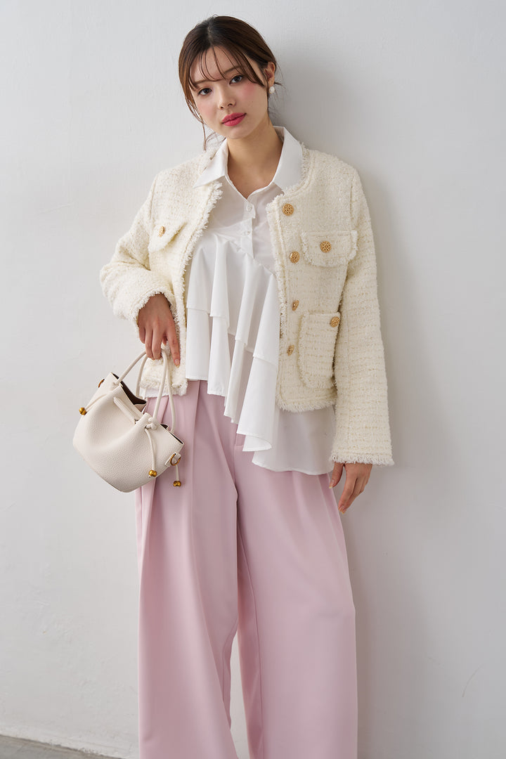 [予約/SET]アシメフリルティアードシャツ+フリンジツイードゴールドボタンジャケット+エステルツイルタックワイドカラーパンツ(3set)