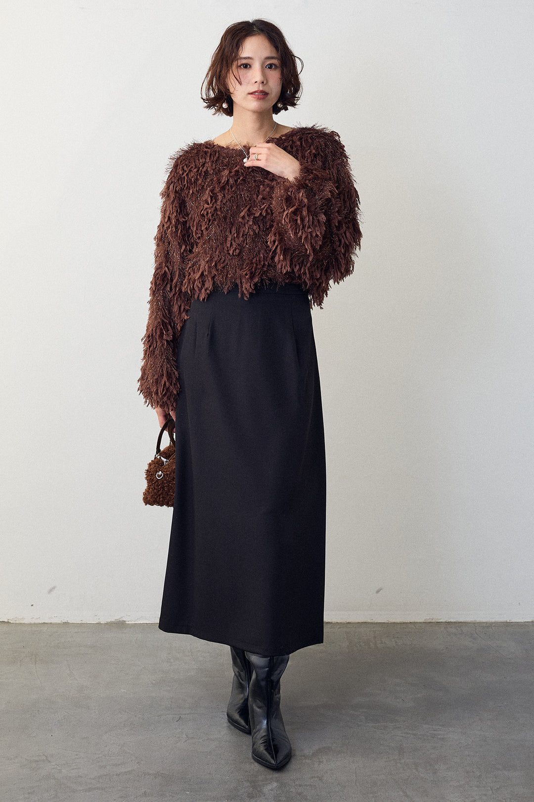 [予約/SET]フリンジラメシャギーニットプルオーバー+バックリボンセミフレアスカート(2set)