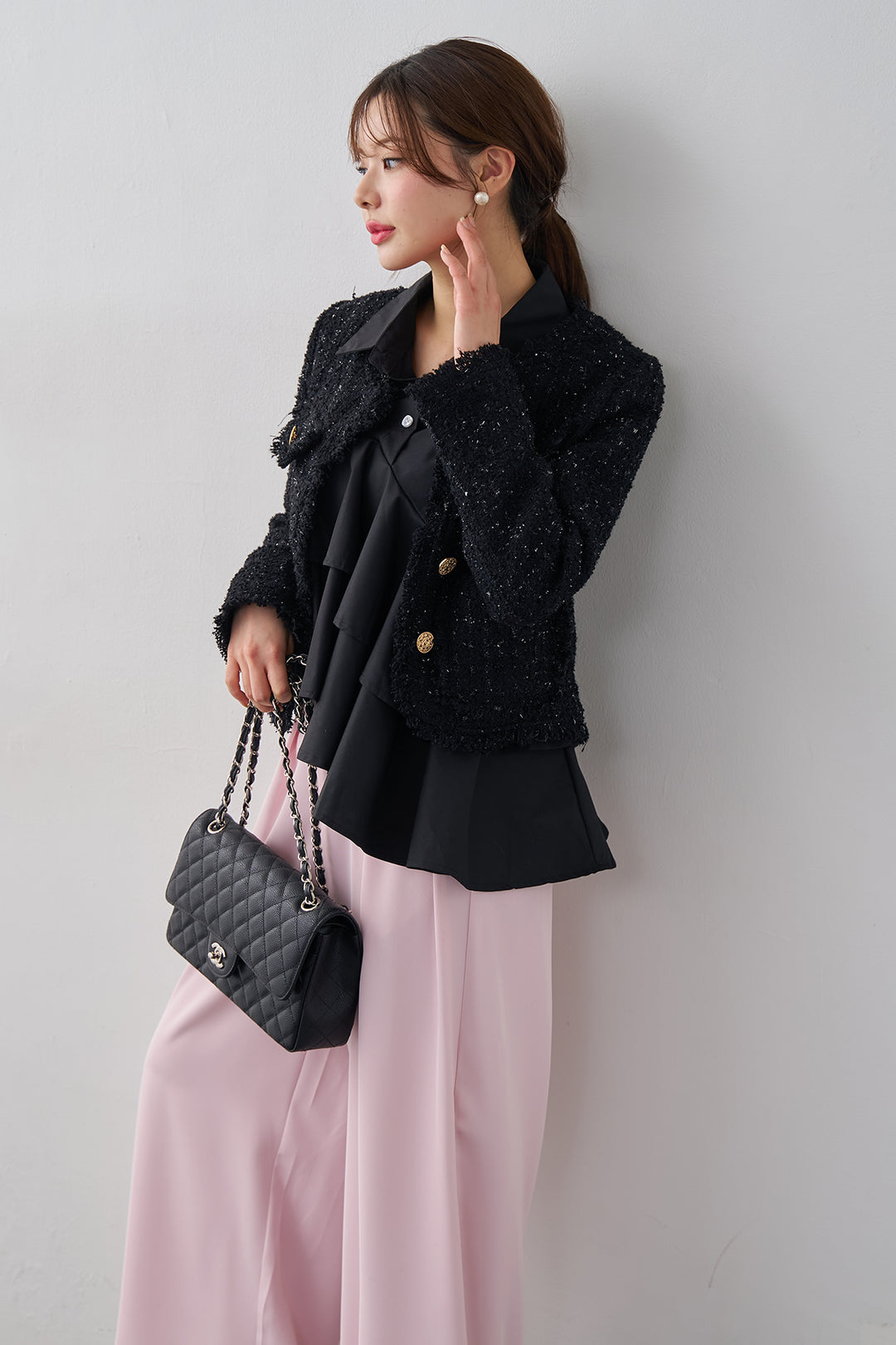 [予約/SET]フリンジツイードゴールドボタンジャケット+エステルツイルタックワイドカラーパンツ(2set)