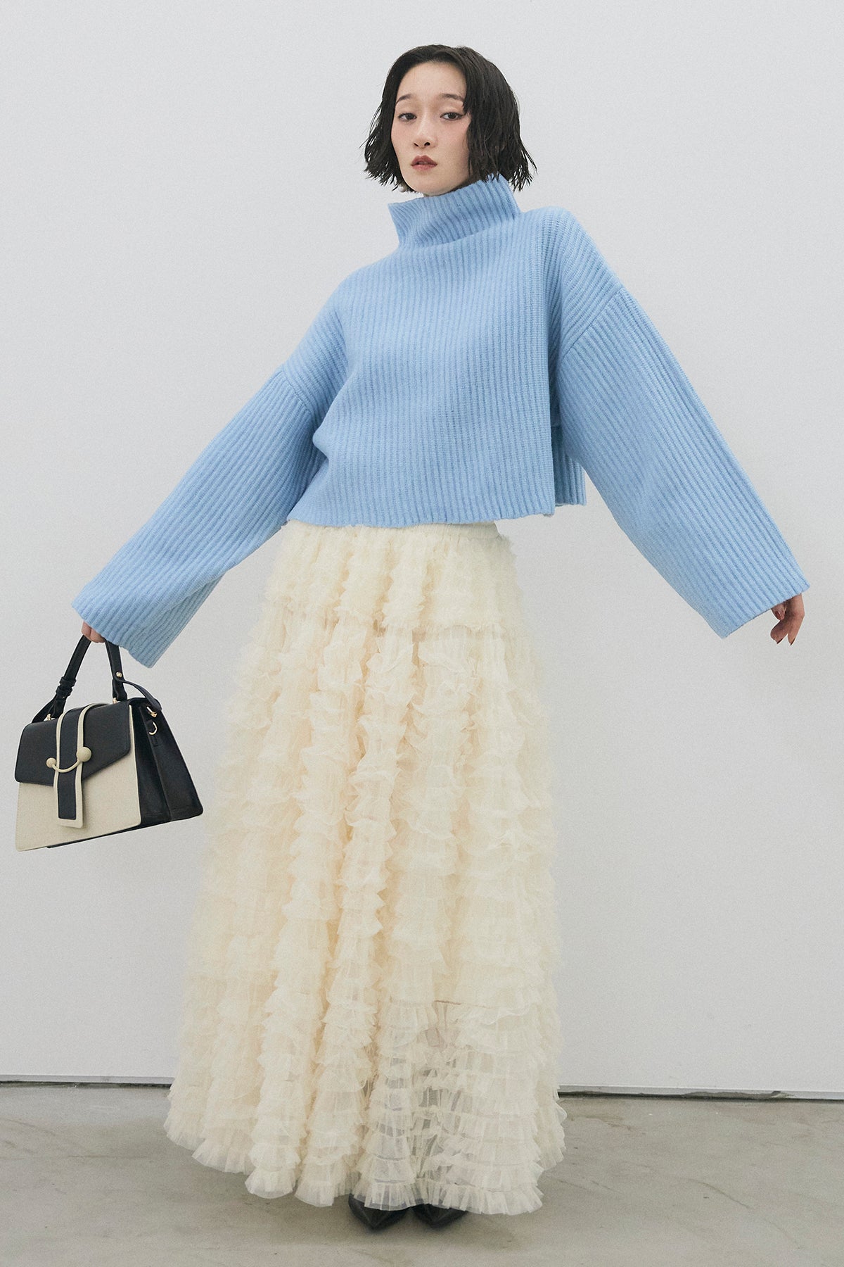 予約/SET]ソリッドストライプショートニット+ホイップチュール