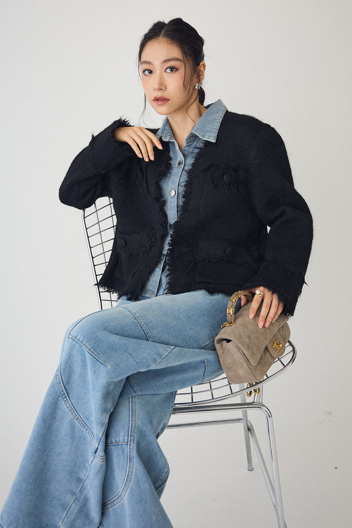 [予約/SET]デニムシャツドッキングツイードカーデ+ステッチ美ラインカーブデニムパンツ(2set)