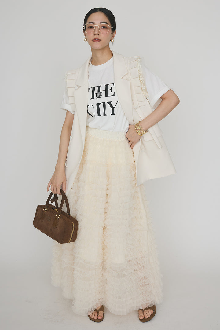 [予約/SET]フリルショルダーテーラーマニッシュベスト+ホイップチュールティアードスカート(2set)