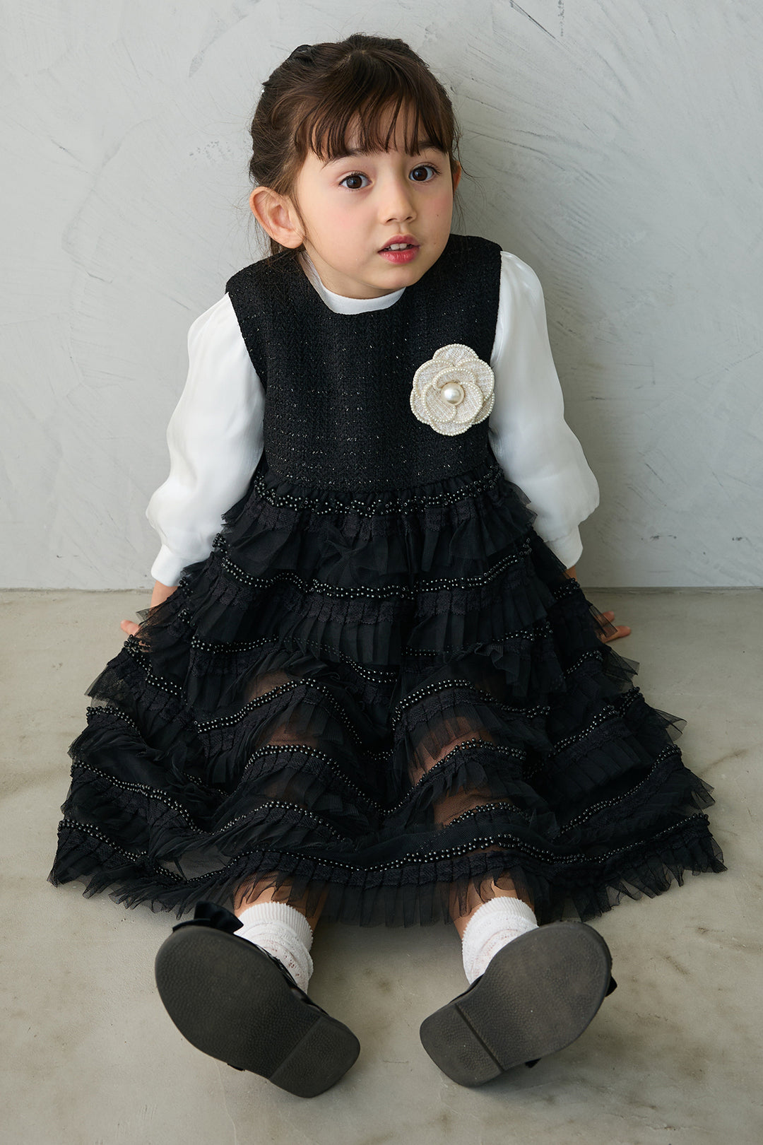 [予約/親子SET][kids]ティアードプリーツパールワンピセット+ツイード×チュールレイヤードクロップドジャケット+ホイップチュールティアードスカート(3set)