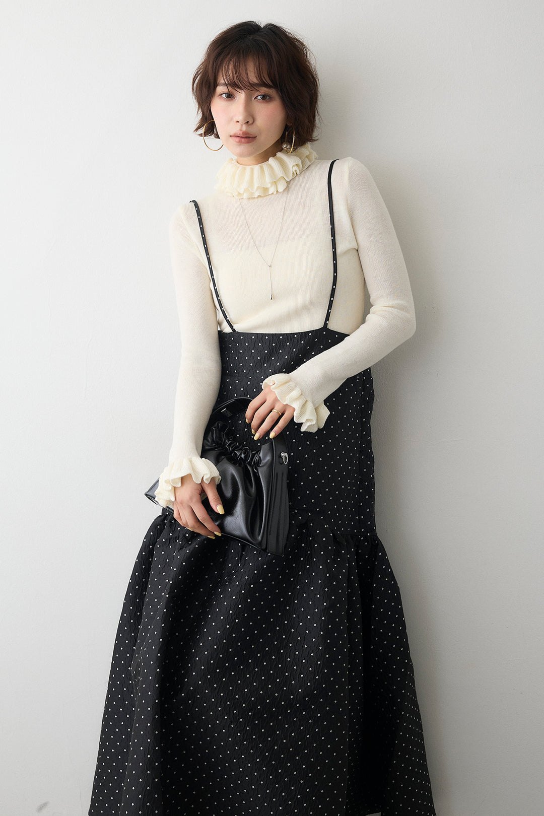 [予約/SET]ダブルフリルカラーニットプルオーバー+ドットジャガードギャザーフレアスカート(2set)