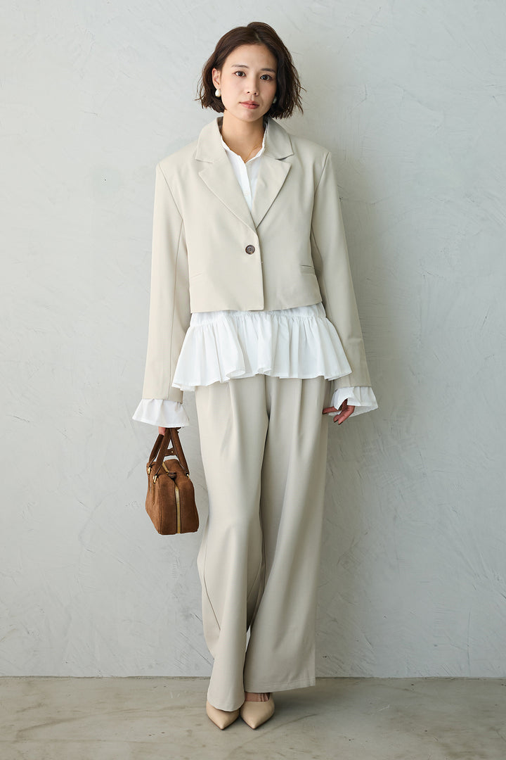 [予約/SET]フリルヘムスリーブブラウス+クロップドマニッシュシンプルジャケット+ツイルシンプルストレートパンツ(3set)