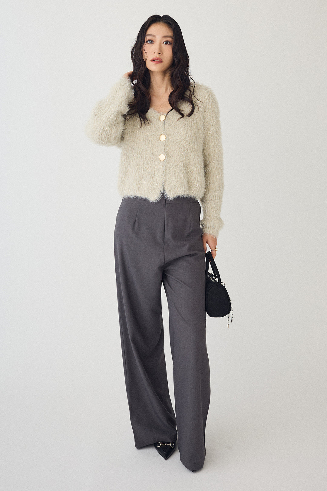 [予約/SET]ゴールドボタンラメシャギーニット+バックリボンストレートパンツ(2set)