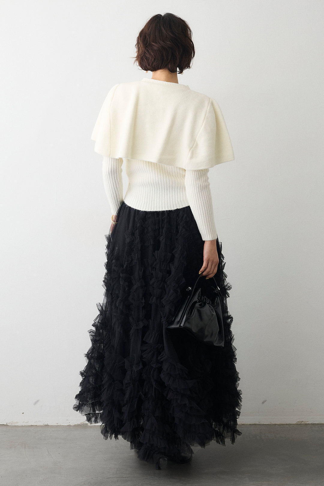 [予約/SET]ミックス釦ケープ2wayニット+スフレアシメチュールスカート(2set)